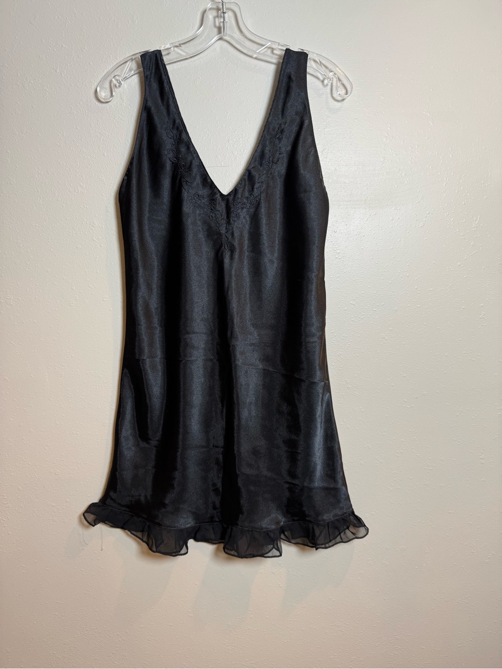 Vintage Inner Most Black Satin V-Neck Nightgown Ruffle Hem